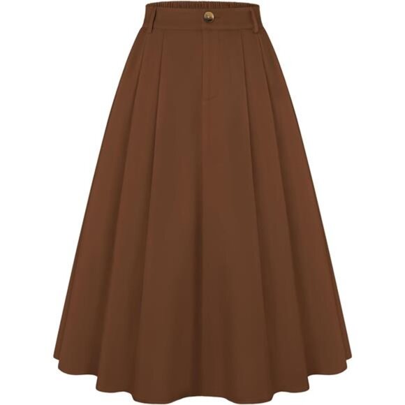 Women Pleated Skirt with Pockets A Line Brown - Picture 1 of 6